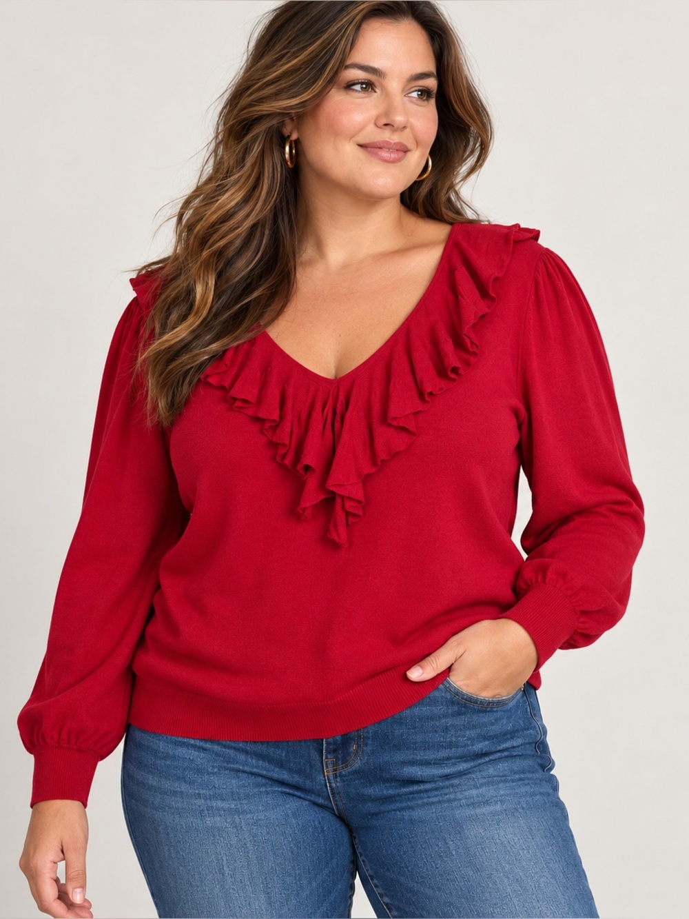 Ralph Lauren Womens 2X Red Ruffle V Neck Preppy Quiet Luxury Knit Sweater